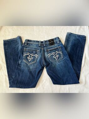 Rock Revival Dark Blue Nathan Relaxed Straight Jeans with Cream Back Pocket Sti
